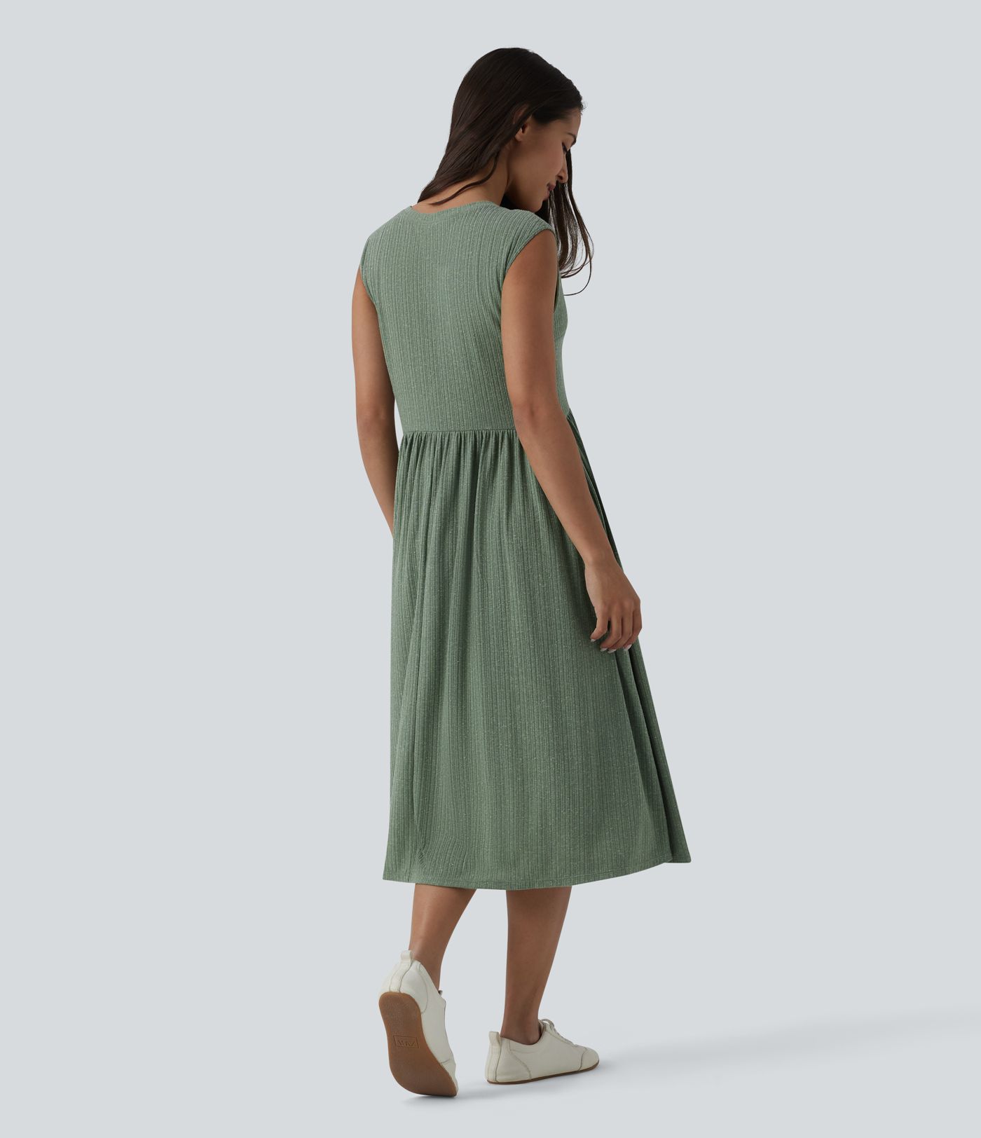 Ribbed Knit Round Neck Sleeveless Flowy Midi Casual Linen-Blend Dress