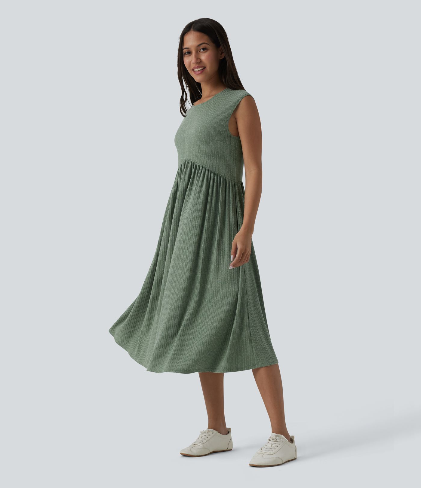 Ribbed Knit Round Neck Sleeveless Flowy Midi Casual Linen-Blend Dress