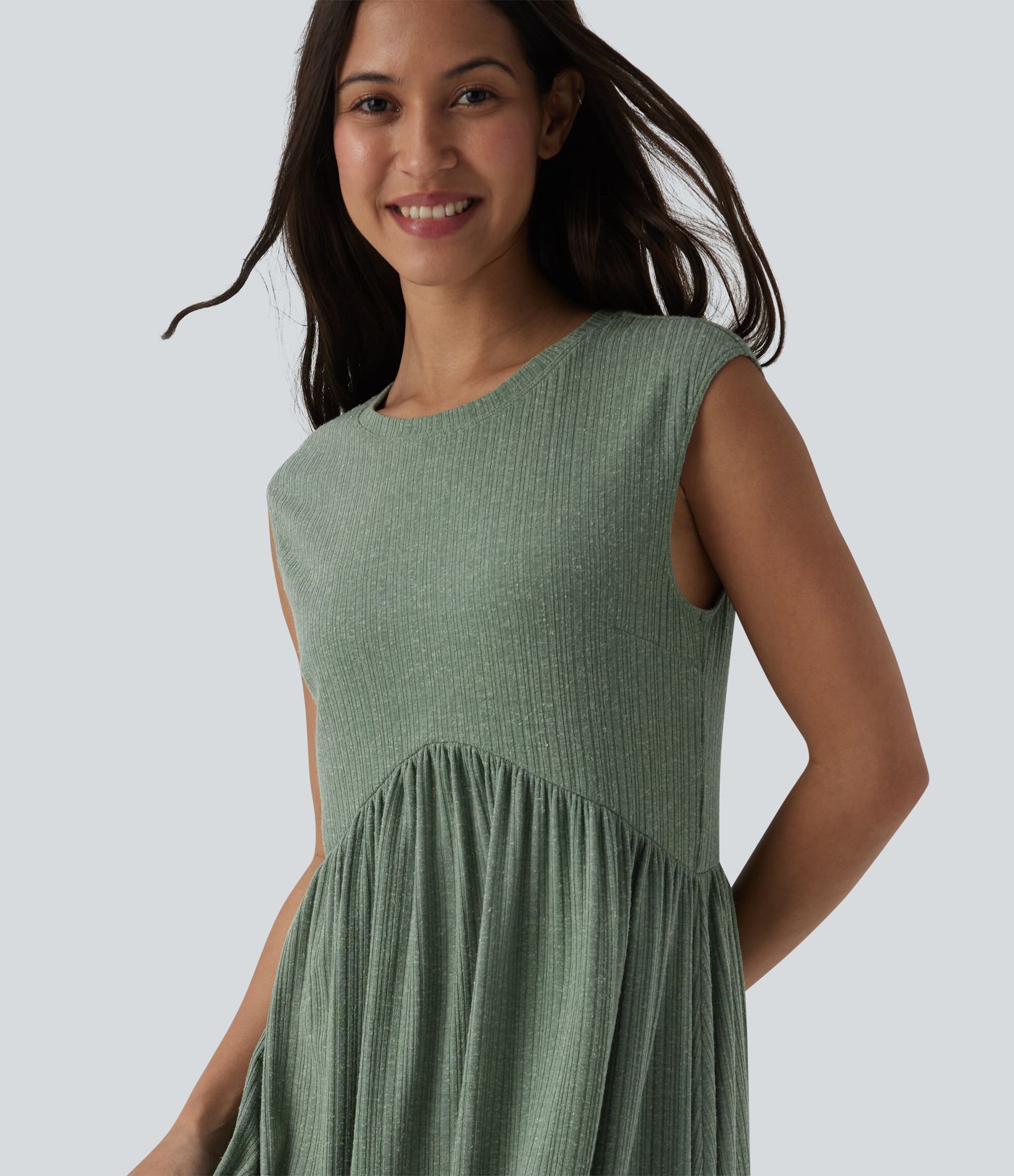 Ribbed Knit Round Neck Sleeveless Flowy Midi Casual Linen-Blend Dress