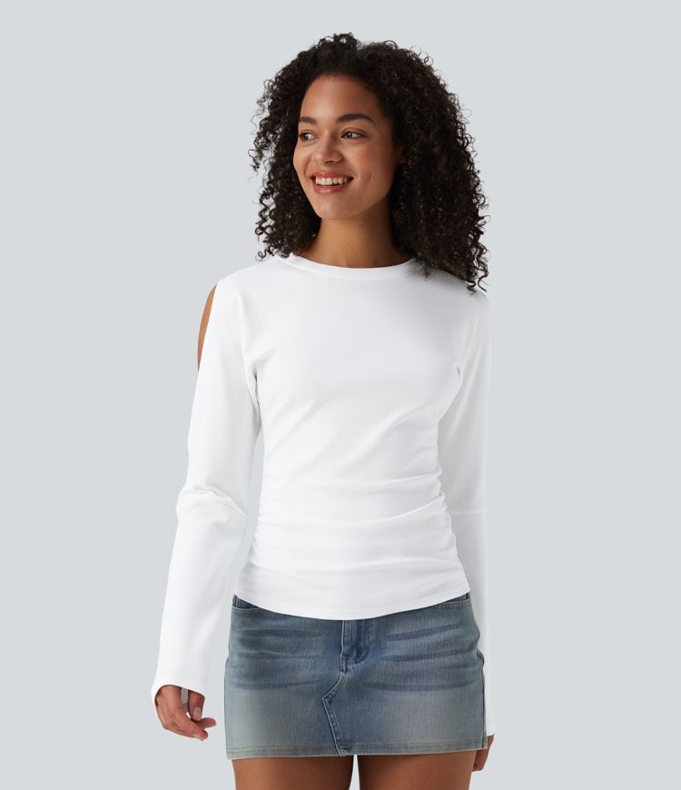 Round Neck Long Sleeve Cut Out Casual Cotton T-Shirt