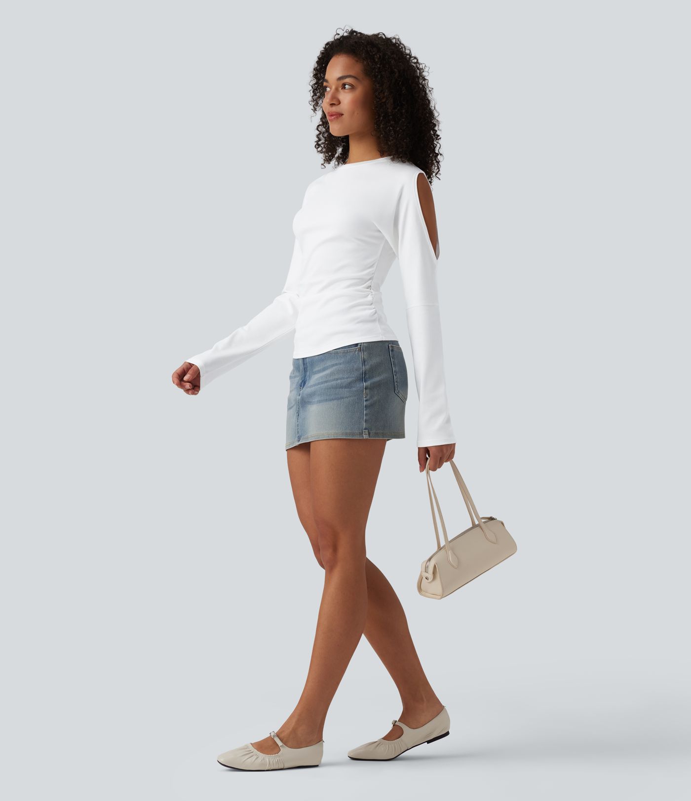 Round Neck Long Sleeve Cut Out Casual Cotton T-Shirt