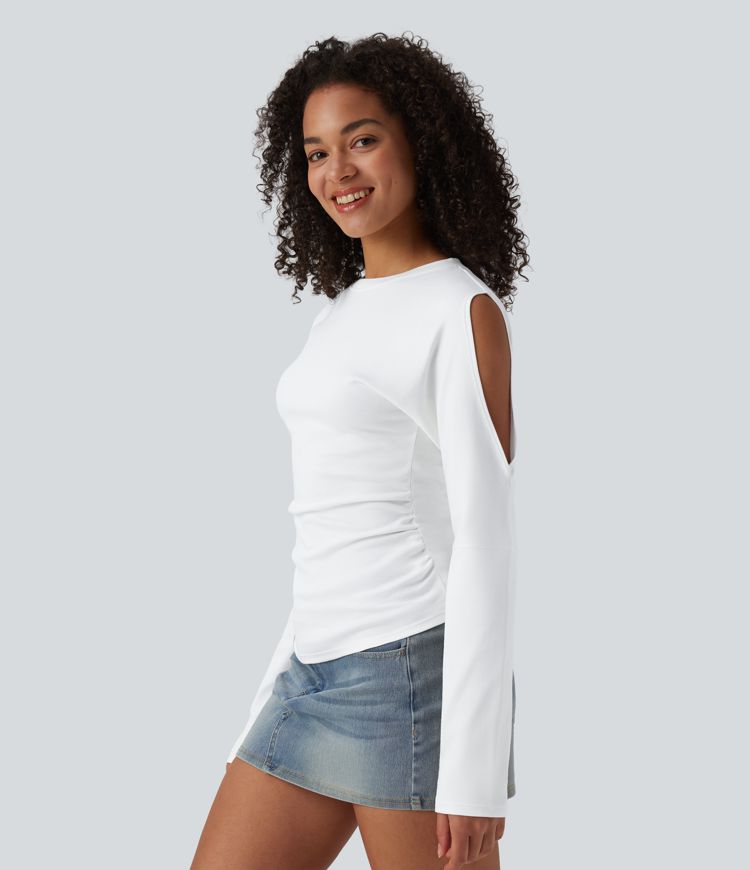 Round Neck Long Sleeve Cut Out Casual Cotton T-Shirt