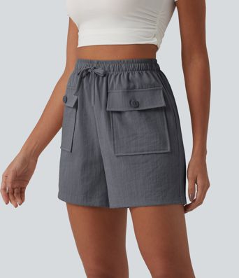 High Waisted Drawstring Casual Linen-Feel Shorts with Pockets