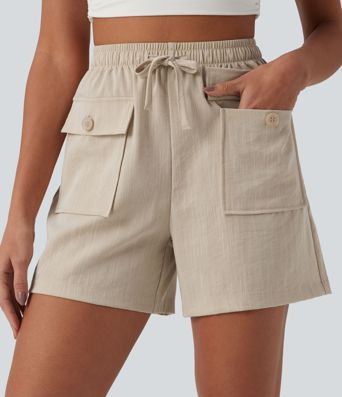 High Waisted Drawstring Casual Linen-Feel Shorts with Pockets