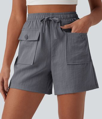 High Waisted Drawstring Casual Linen-Feel Shorts with Pockets