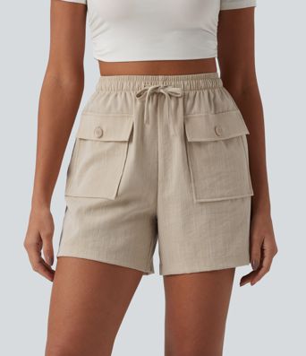High Waisted Drawstring Casual Linen-Feel Shorts with Pockets