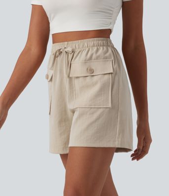 High Waisted Drawstring Casual Linen-Feel Shorts with Pockets