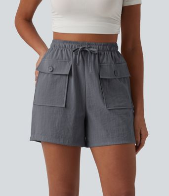 High Waisted Drawstring Casual Linen-Feel Shorts with Pockets