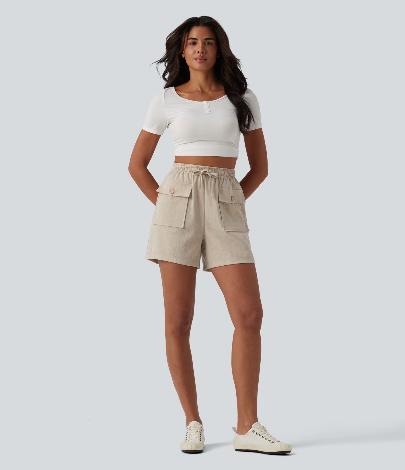 High Waisted Drawstring Casual Linen-Feel Shorts with Pockets