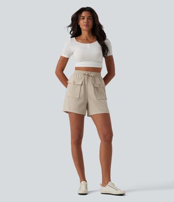 High Waisted Drawstring Casual Linen-Feel Shorts with Pockets