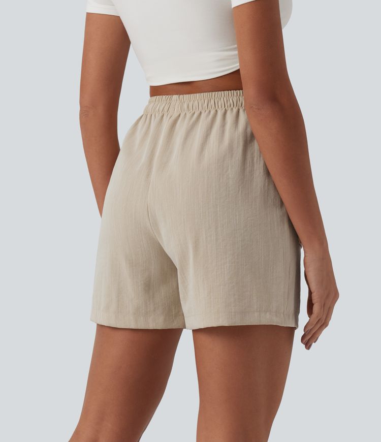 High Waisted Drawstring Casual Linen-Feel Shorts with Pockets