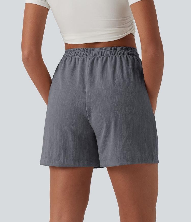 High Waisted Drawstring Casual Linen-Feel Shorts with Pockets