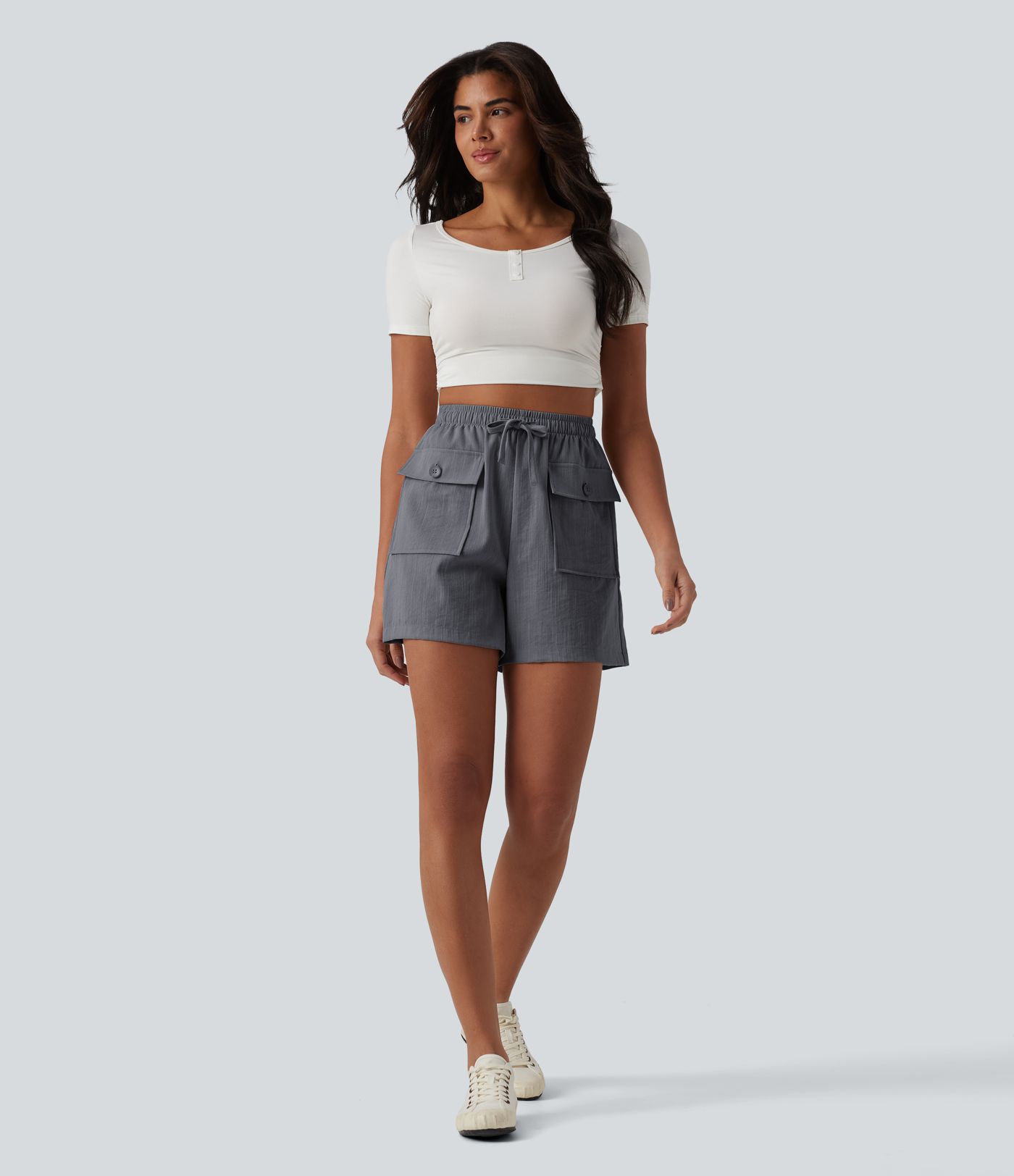 High Waisted Drawstring Casual Linen-Feel Shorts with Pockets