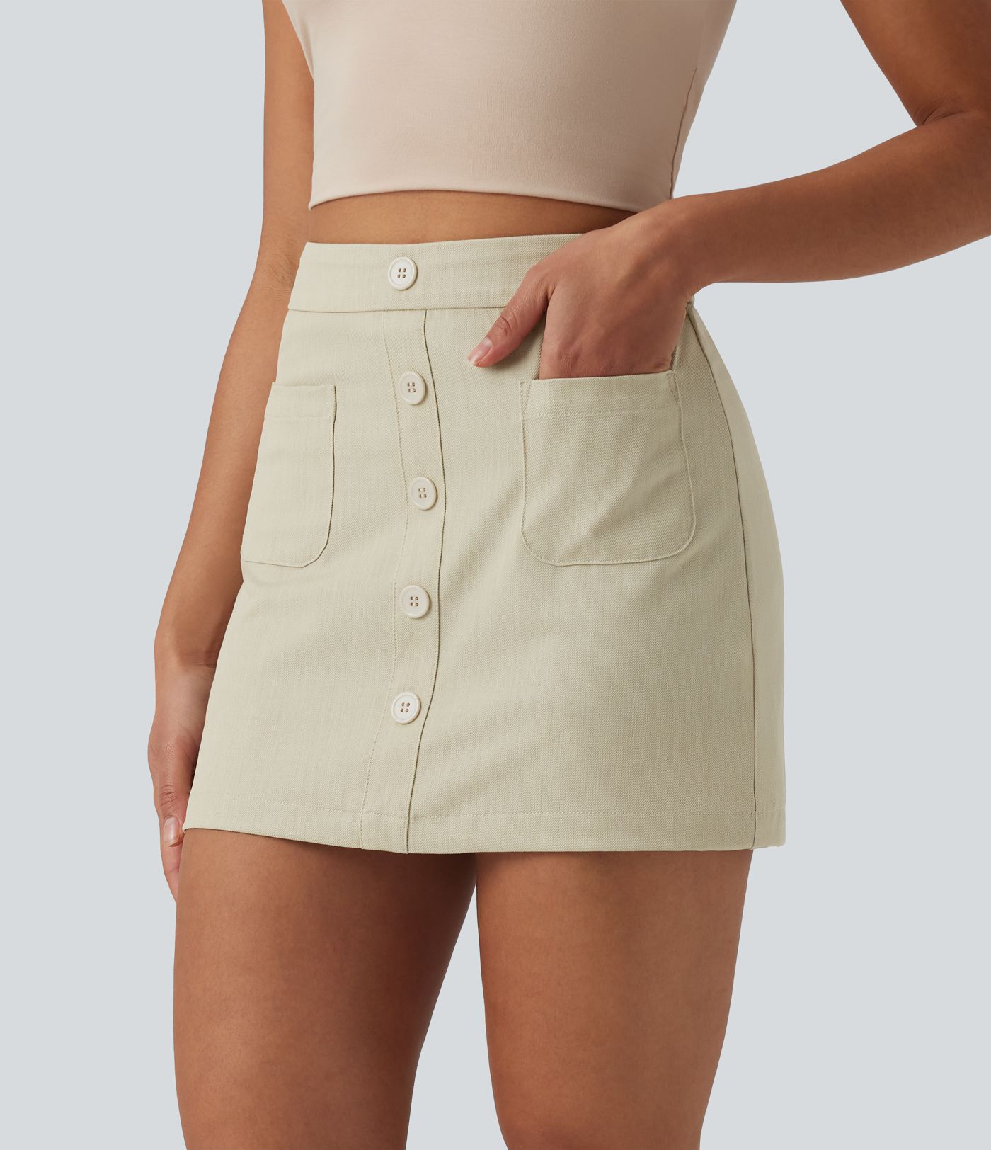 Jupe mini casual 2-en-1 moulante taille haute effet denim avec fermeture éclair invisible et poches