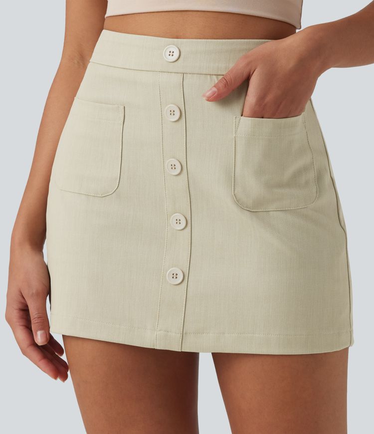 Jupe mini casual 2-en-1 moulante taille haute effet denim avec fermeture éclair invisible et poches