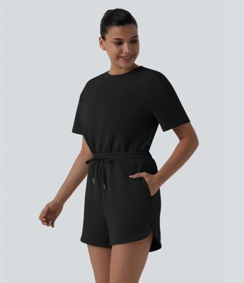 SpacerTek™ Round Neck Short Sleeve Twist Back Drawstring Curved Hem Casual Romper with Pockets-Easy Peezy