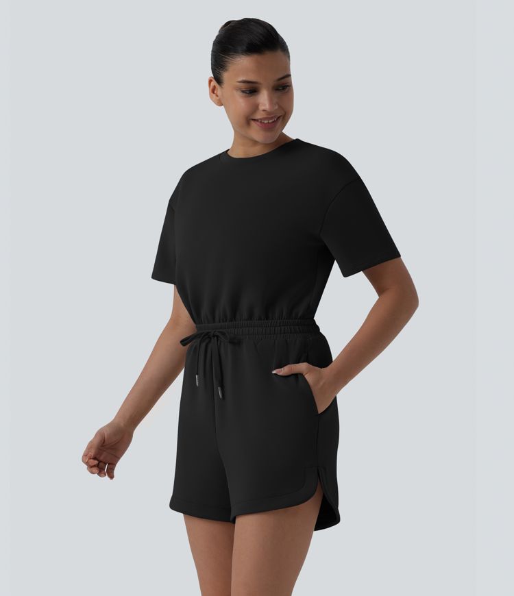 SpacerTek™ Round Neck Short Sleeve Twist Back Drawstring Curved Hem Casual Romper with Pockets-Easy Peezy