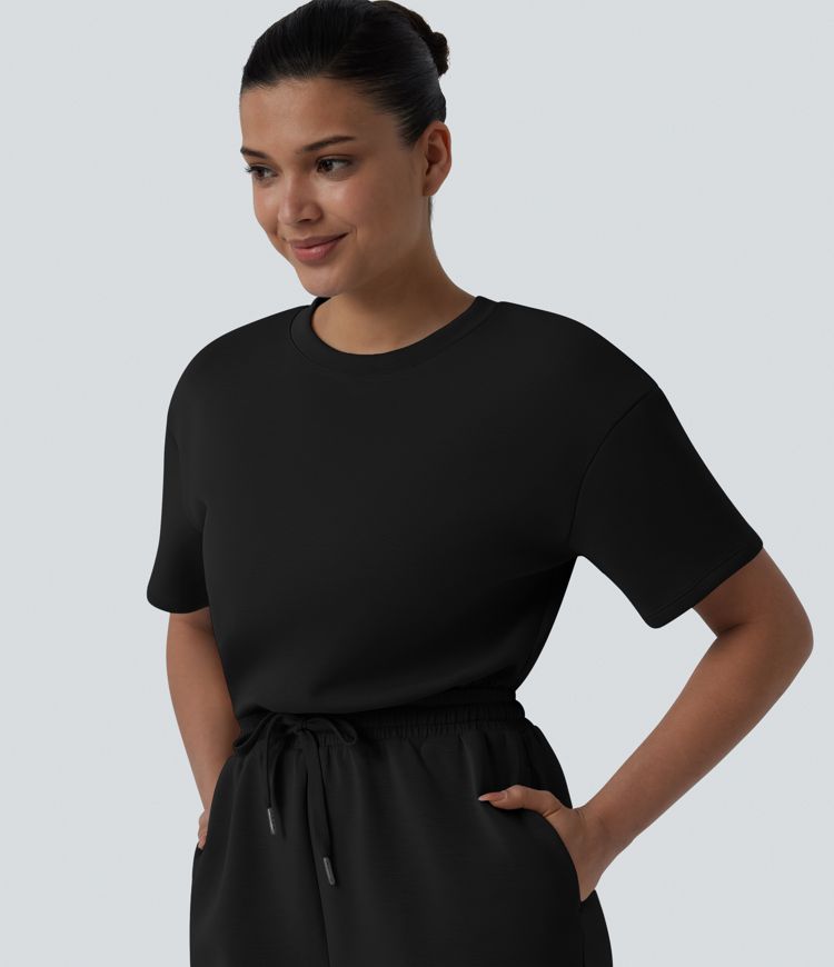 SpacerTek™ Round Neck Short Sleeve Twist Back Drawstring Curved Hem Casual Romper with Pockets-Easy Peezy