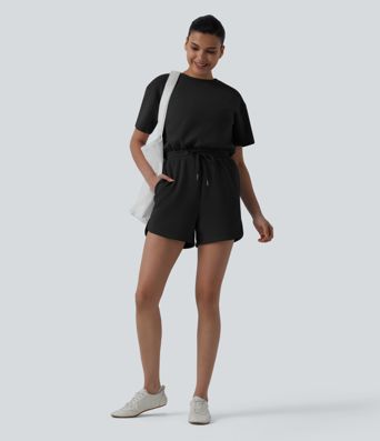 SpacerTek™ Round Neck Short Sleeve Twist Back Drawstring Curved Hem Casual Romper with Pockets-Easy Peezy