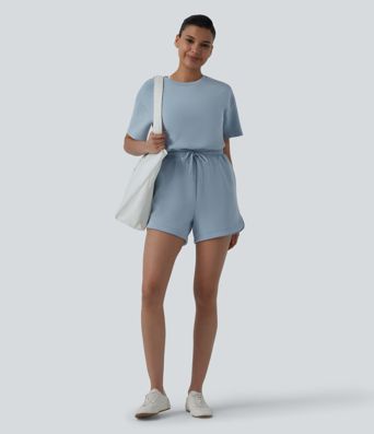 SpacerTek™ Round Neck Short Sleeve Twist Back Drawstring Curved Hem Casual Romper with Pockets-Easy Peezy