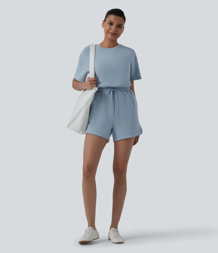 SpacerTek™ Round Neck Short Sleeve Twist Back Drawstring Curved Hem Casual Romper with Pockets-Easy Peezy