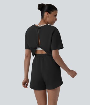 SpacerTek™ Round Neck Short Sleeve Twist Back Drawstring Curved Hem Casual Romper with Pockets-Easy Peezy