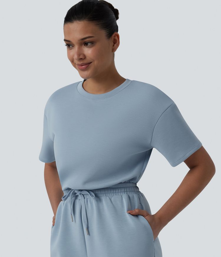 SpacerTek™ Round Neck Short Sleeve Twist Back Drawstring Curved Hem Casual Romper with Pockets-Easy Peezy