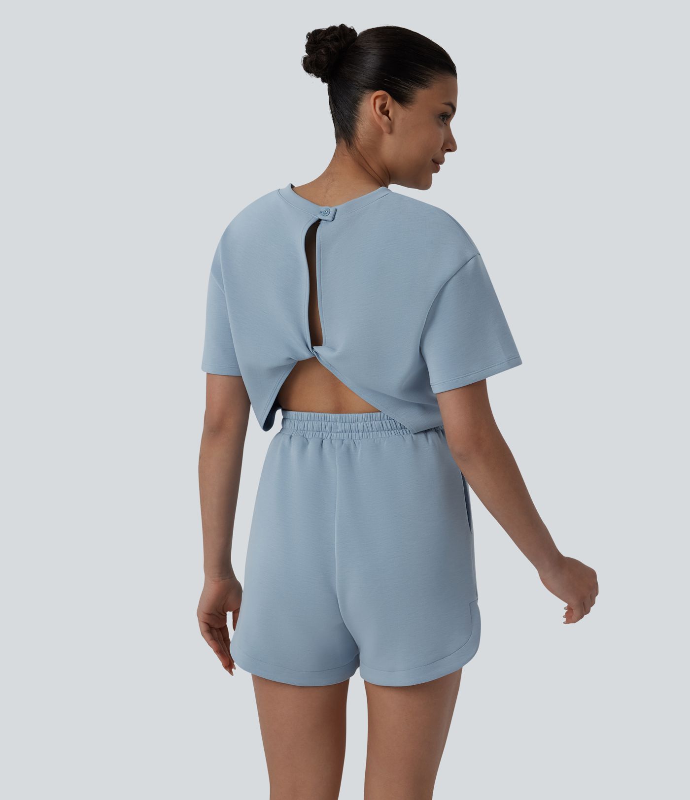 SpacerTek™ Round Neck Short Sleeve Twist Back Drawstring Curved Hem Casual Romper with Pockets-Easy Peezy