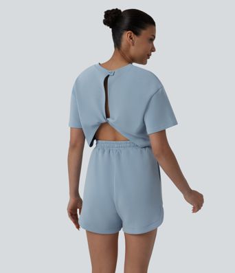 SpacerTek™ Round Neck Short Sleeve Twist Back Drawstring Curved Hem Casual Romper with Pockets-Easy Peezy
