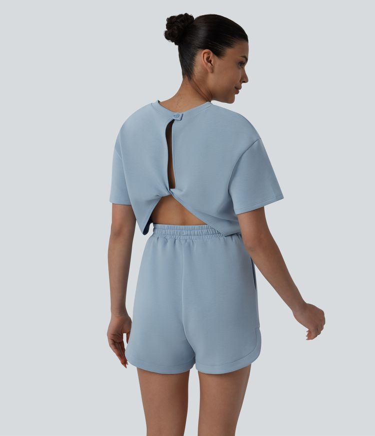 SpacerTek™ Round Neck Short Sleeve Twist Back Drawstring Curved Hem Casual Romper with Pockets-Easy Peezy