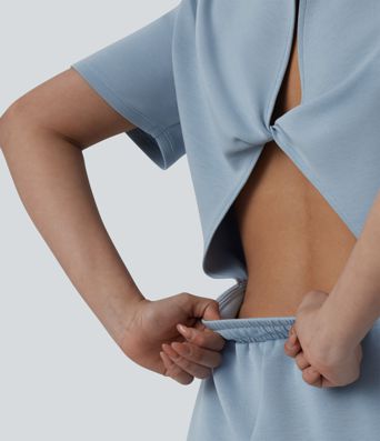 SpacerTek™ Round Neck Short Sleeve Twist Back Drawstring Curved Hem Casual Romper with Pockets-Easy Peezy