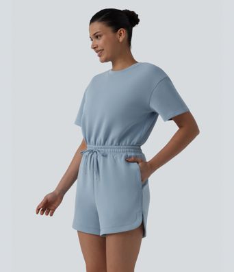 SpacerTek™ Round Neck Short Sleeve Twist Back Drawstring Curved Hem Casual Romper with Pockets-Easy Peezy