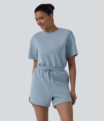 SpacerTek™ Round Neck Short Sleeve Twist Back Drawstring Curved Hem Casual Romper with Pockets-Easy Peezy