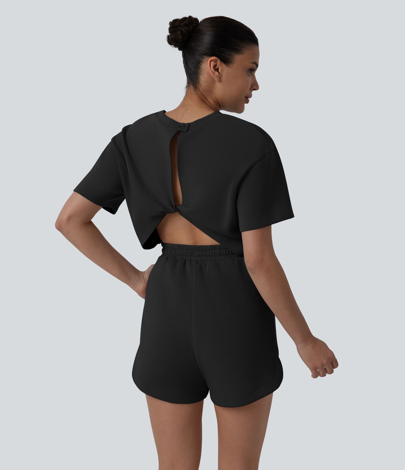 SpacerTek™ Round Neck Short Sleeve Twist Back Drawstring Curved Hem Casual Romper with Pockets-Easy Peezy