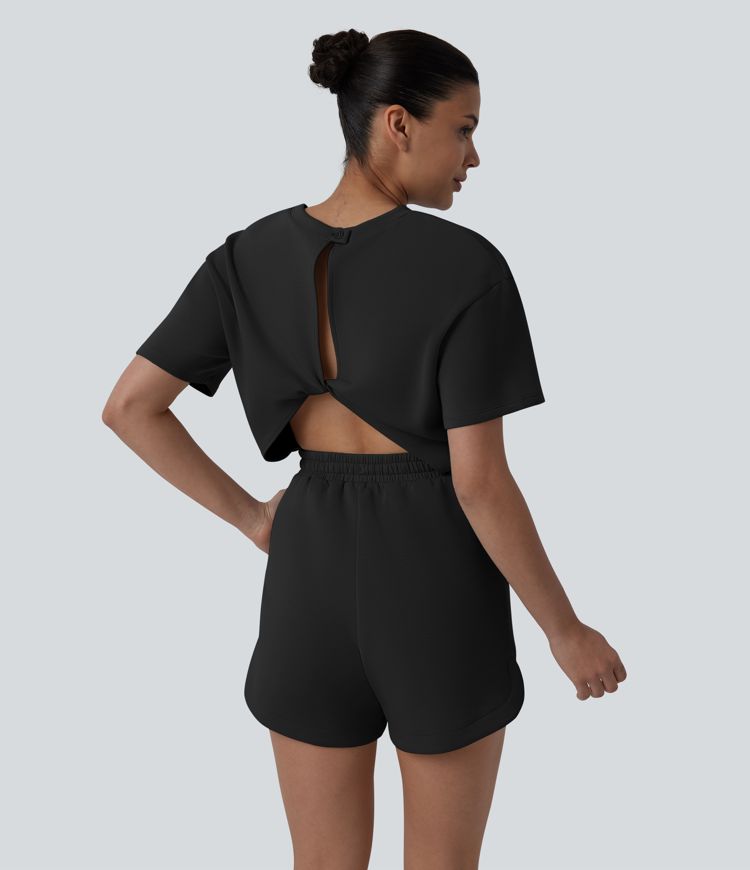 SpacerTek™ Round Neck Short Sleeve Twist Back Drawstring Curved Hem Casual Romper with Pockets-Easy Peezy