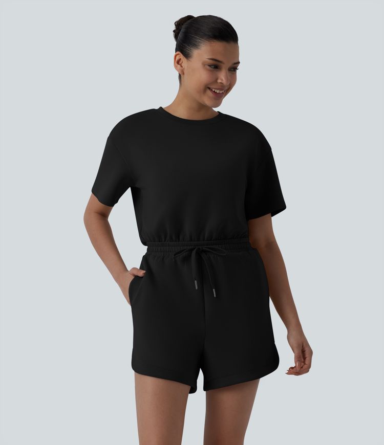 SpacerTek™ Round Neck Short Sleeve Twist Back Drawstring Curved Hem Casual Romper with Pockets-Easy Peezy