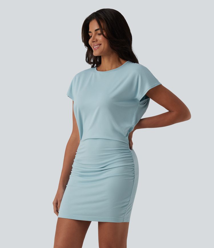 Round Neck Short Sleeve Bodycon Longer Mini Length Casual Dress