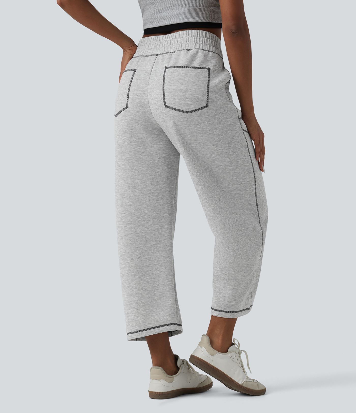 High Waisted Color Block Top-stitching Casual Barrel Leg Sweatpants with Pockets