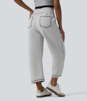 High Waisted Color Block Top-stitching Casual Barrel Leg Sweatpants with Pockets
