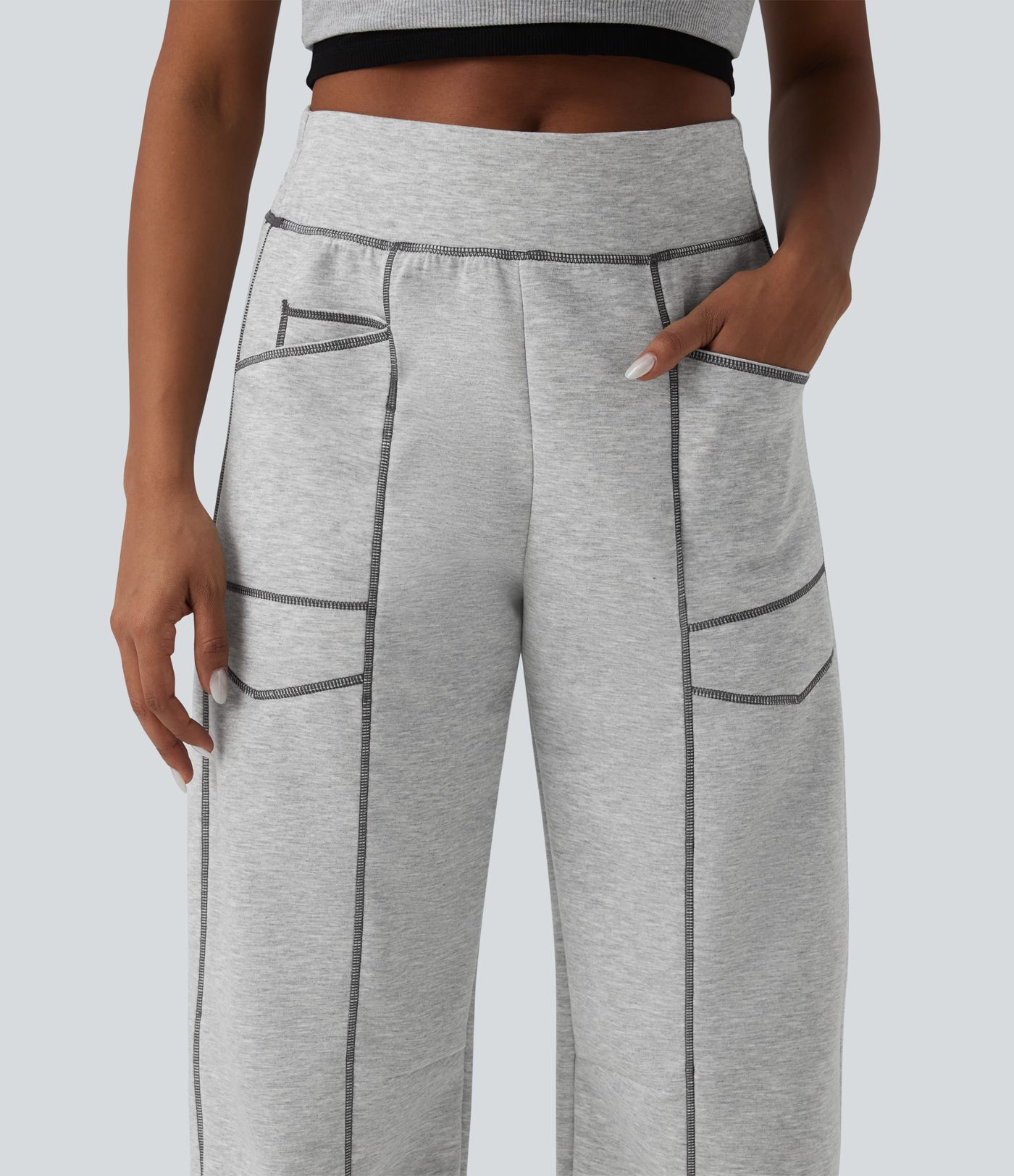 High Waisted Color Block Top-stitching Casual Barrel Leg Sweatpants with Pockets