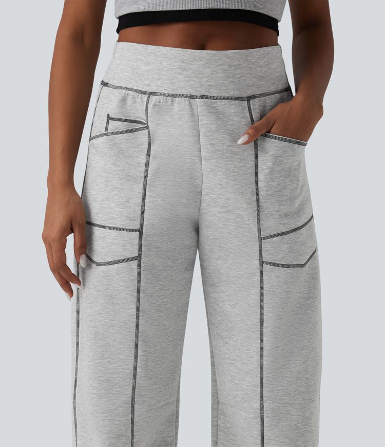 High Waisted Color Block Top-stitching Casual Barrel Leg Sweatpants with Pockets