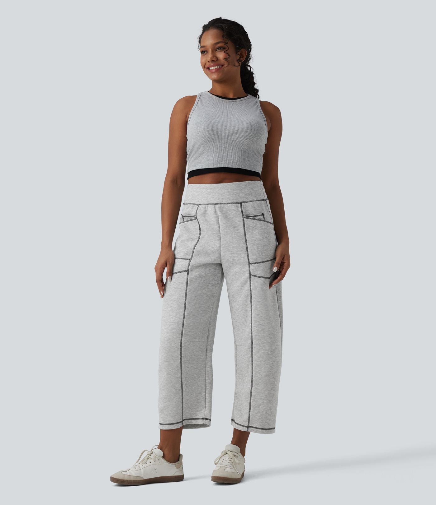 High Waisted Color Block Top-stitching Casual Barrel Leg Sweatpants with Pockets