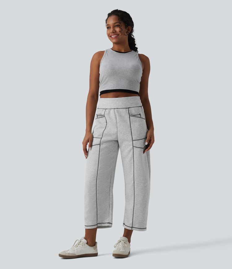 High Waisted Color Block Top-stitching Casual Barrel Leg Sweatpants with Pockets