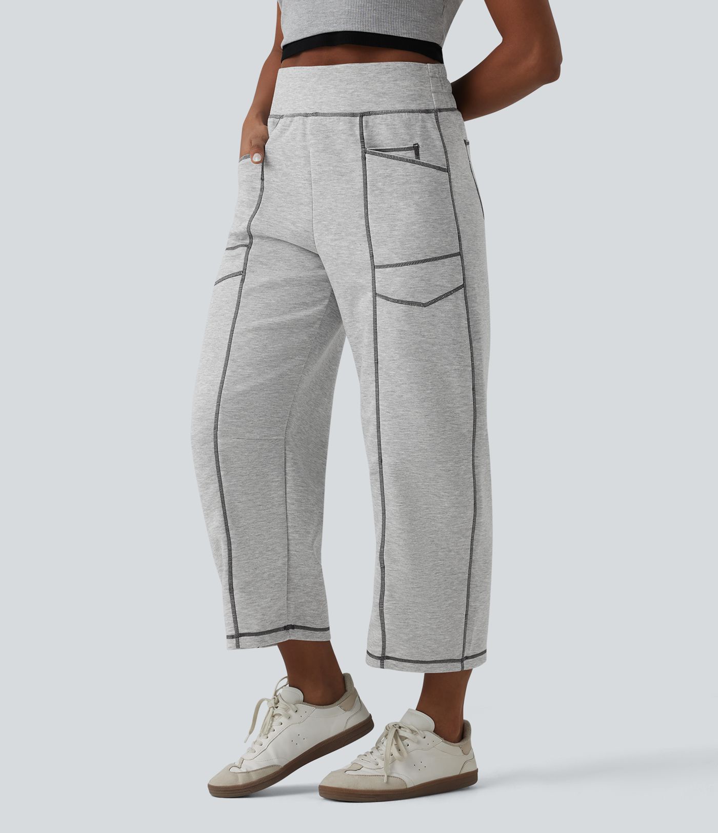High Waisted Color Block Top-stitching Casual Barrel Leg Sweatpants with Pockets
