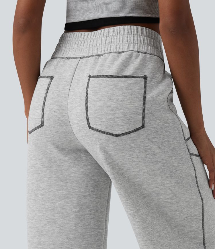 High Waisted Color Block Top-stitching Casual Barrel Leg Sweatpants with Pockets