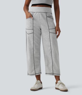 High Waisted Color Block Top-stitching Casual Barrel Leg Sweatpants with Pockets