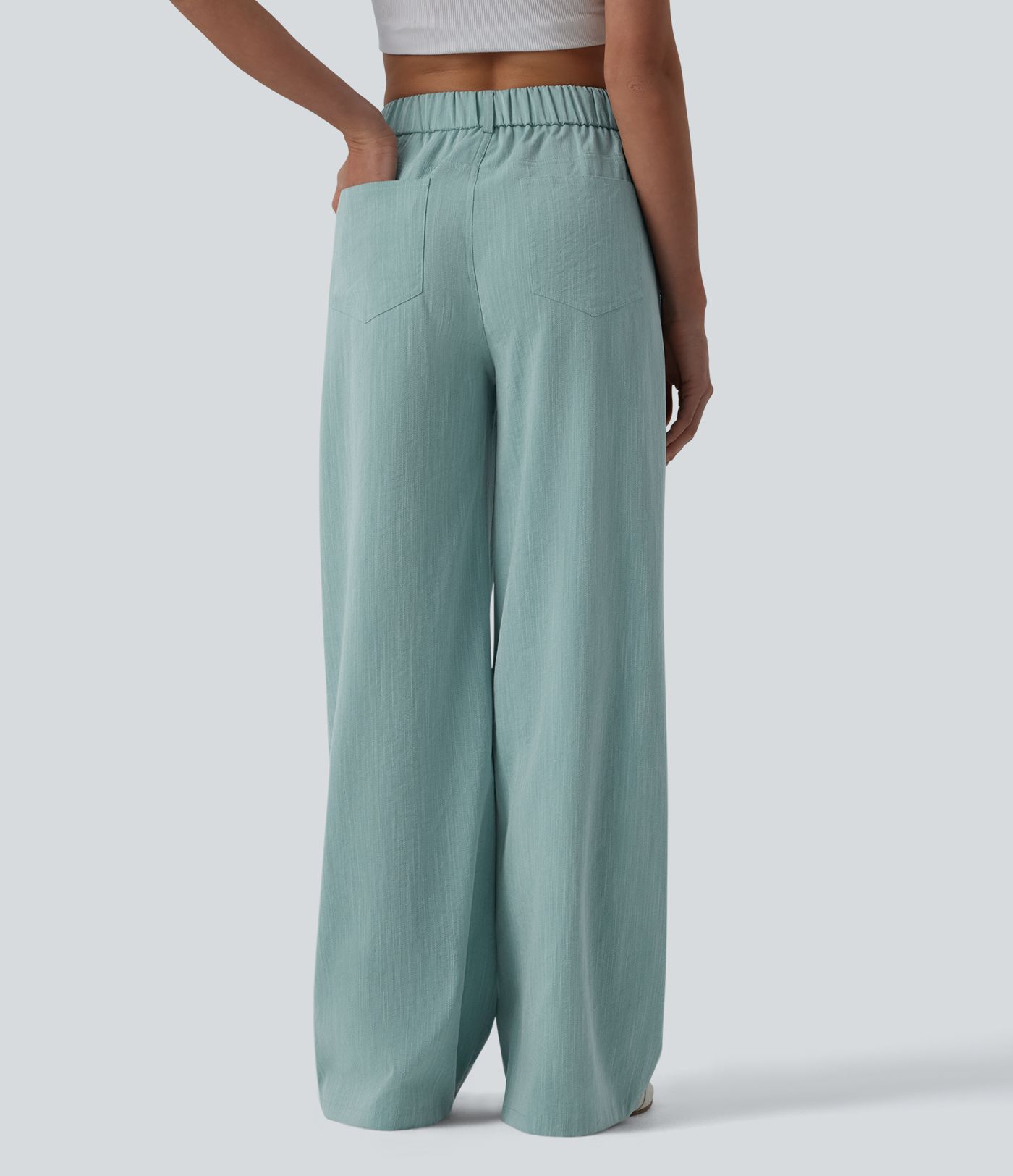 Pantalon large casual taille haute croisée aspect lin avec poches