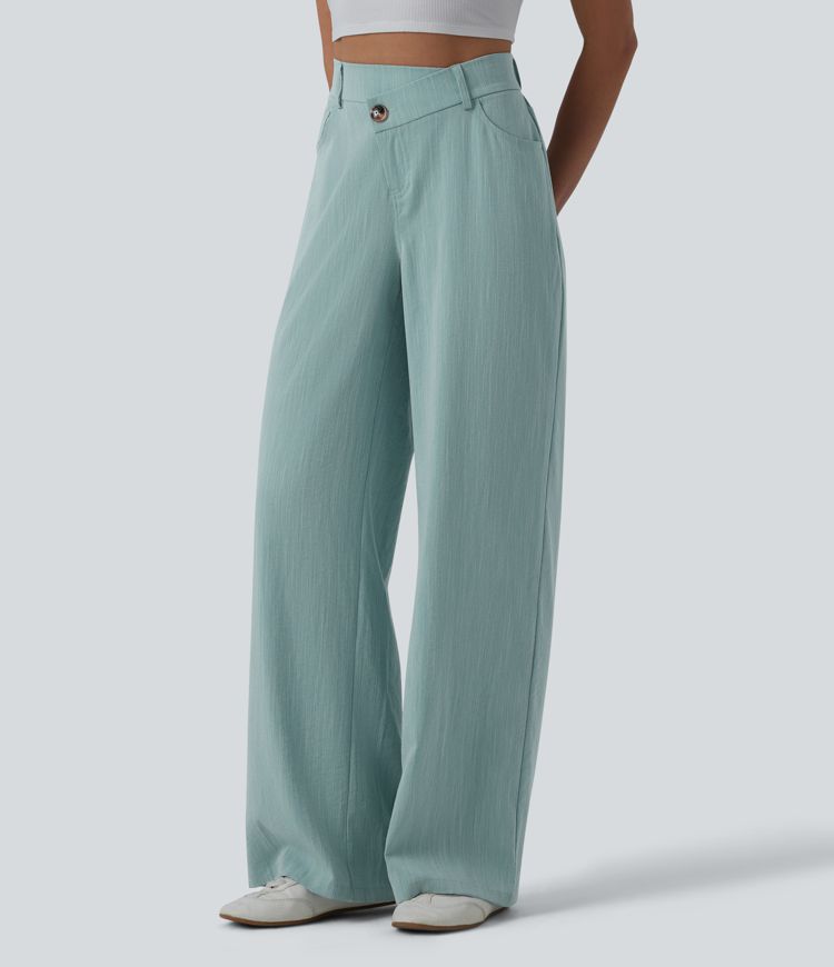 Pantalon large casual taille haute croisée aspect lin avec poches