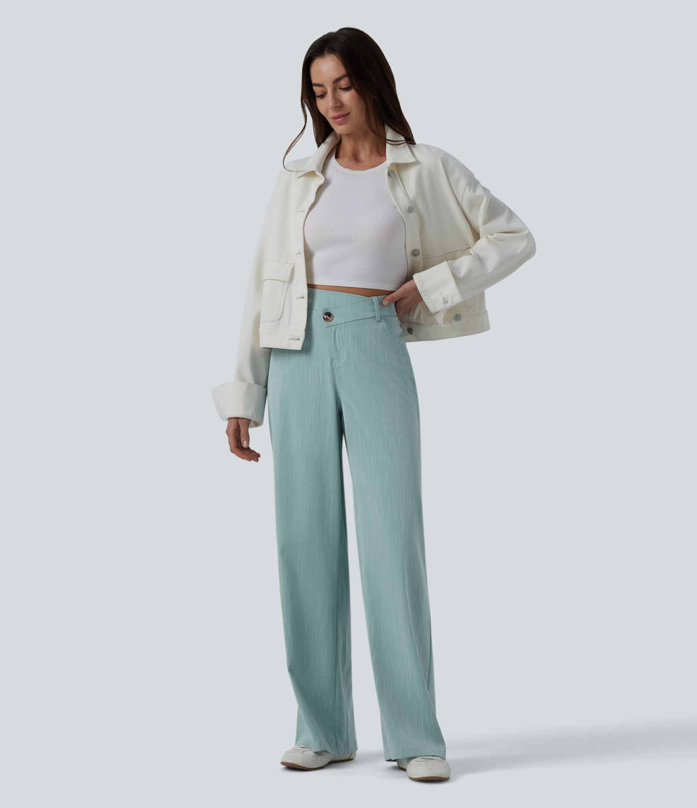 Pantalon large casual taille haute croisée aspect lin avec poches