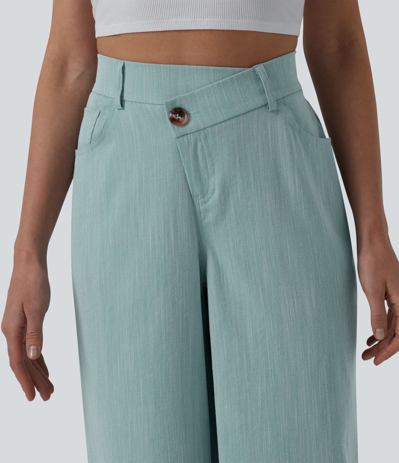 Pantalon large casual taille haute croisée aspect lin avec poches